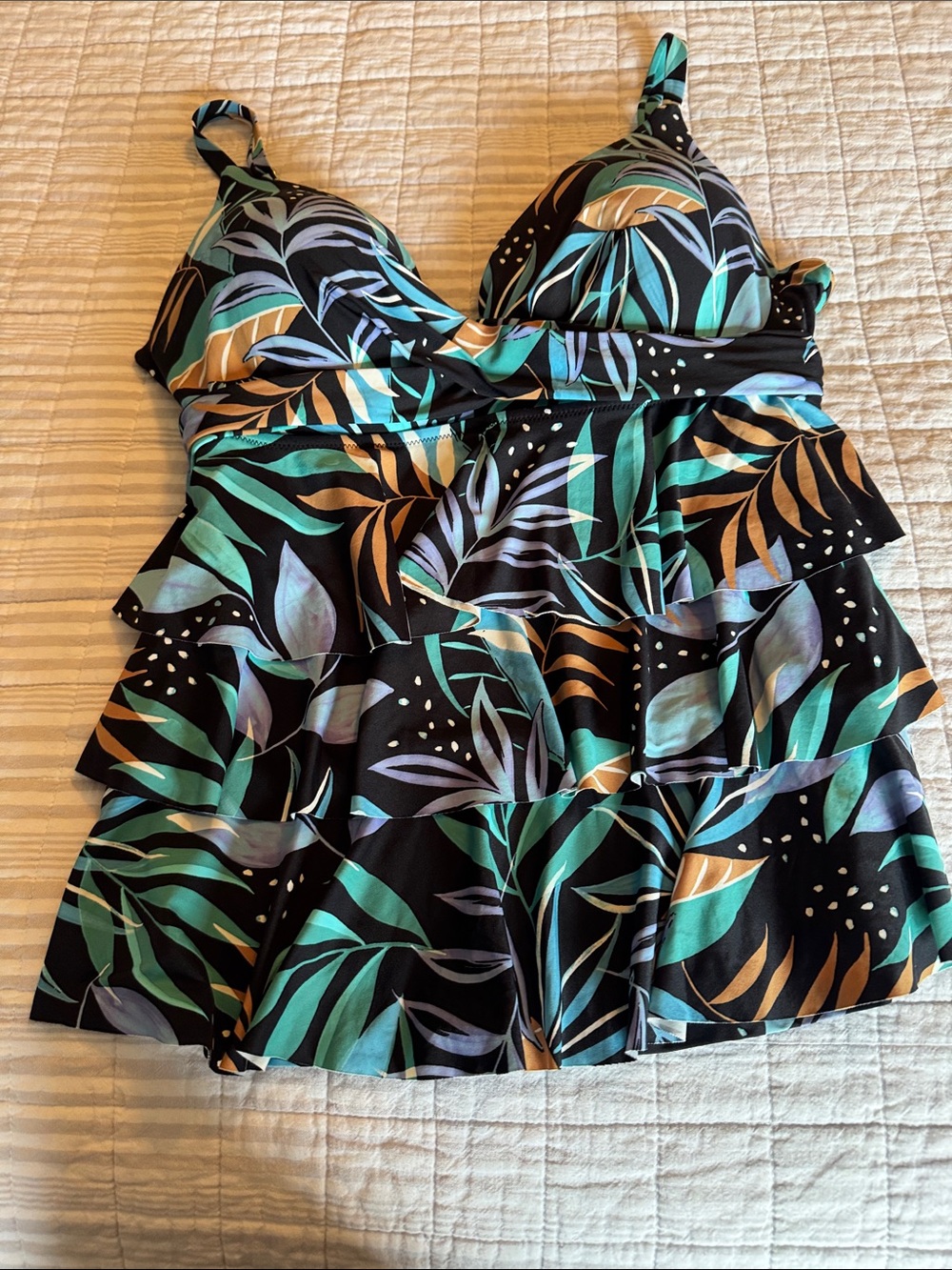 Ruffled Tropical Leaf Tankini Top - Black with Teal & Taupe